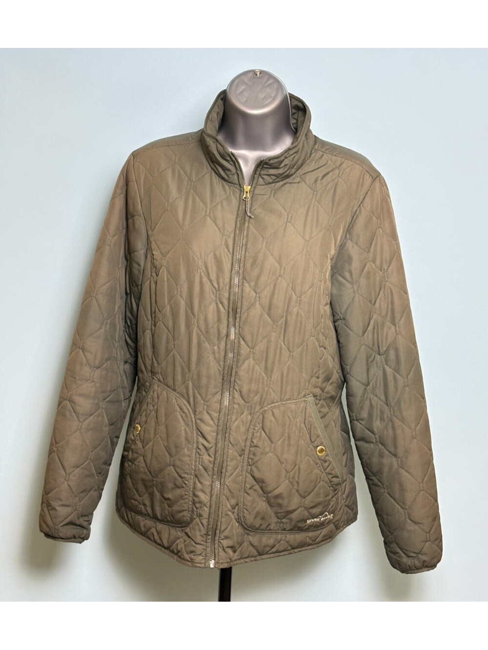 Eddie Bauer Quilted Jacket Womens Medium Olive Green Full Zip Barn Coat Pockets